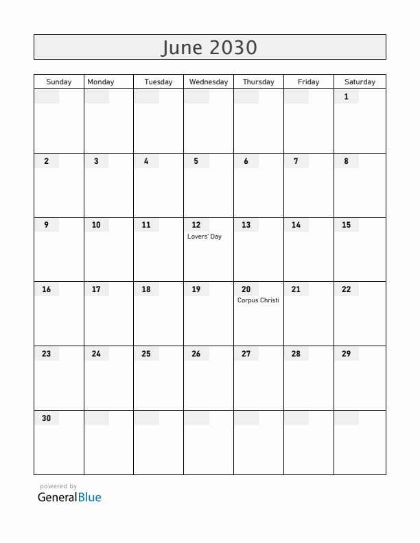 Brazil June 2030 Calendar with Holidays