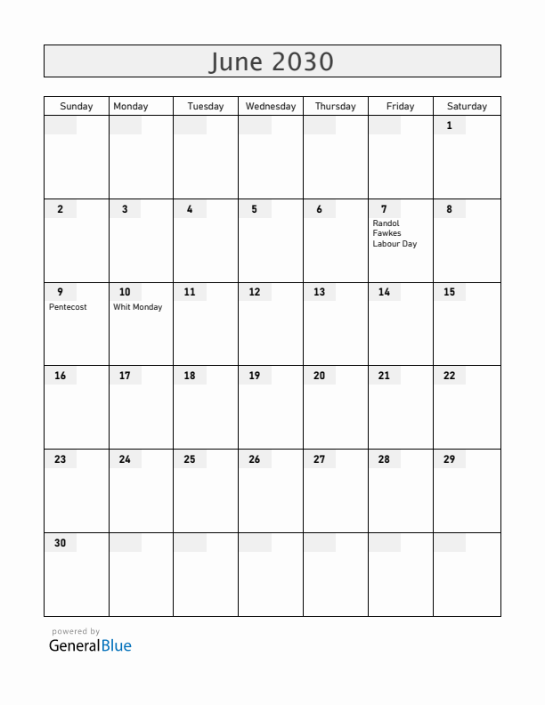 Bahamas June 2030 Calendar with Holidays