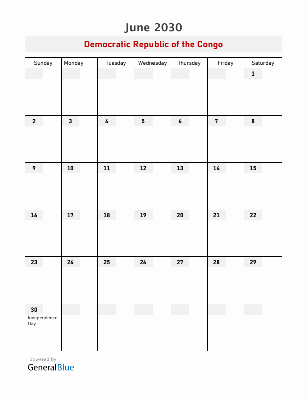 Democratic Republic of the Congo June 2030 Calendar with Holidays
