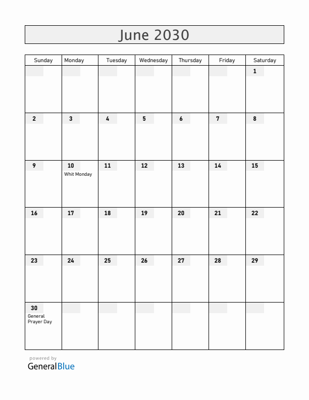 Central African Republic June 2030 Calendar with Holidays