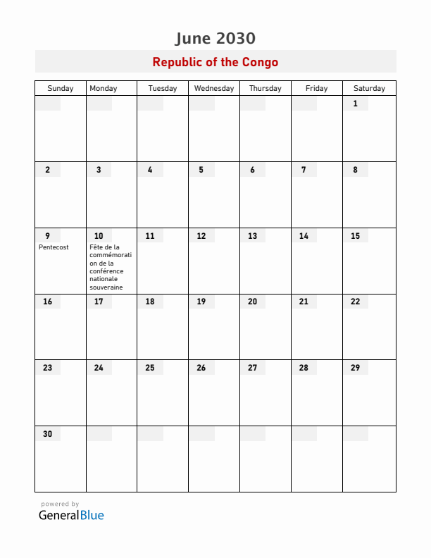Republic of the Congo June 2030 Calendar with Holidays