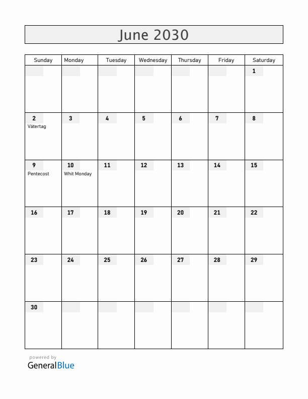 Switzerland June 2030 Calendar with Holidays