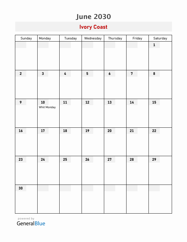 Ivory Coast June 2030 Calendar with Holidays