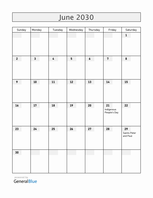 Chile June 2030 Calendar with Holidays