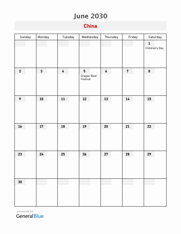 China June 2030 Calendar with Holidays