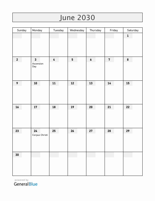 Colombia June 2030 Calendar with Holidays