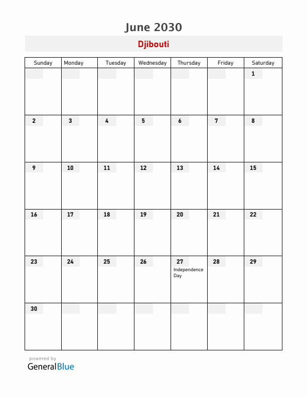 Djibouti June 2030 Calendar with Holidays