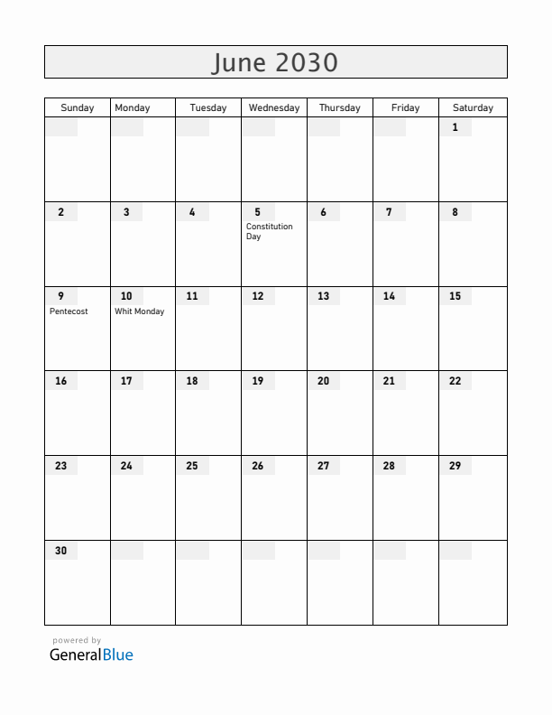 Denmark June 2030 Calendar with Holidays