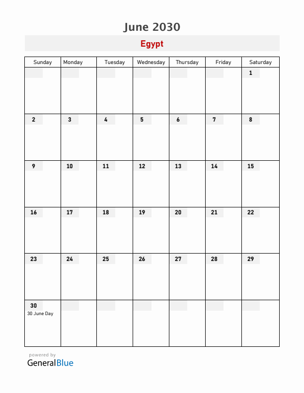 Egypt June 2030 Calendar with Holidays