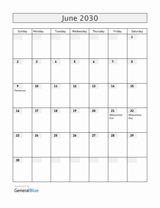 Finland June 2030 Calendar with Holidays