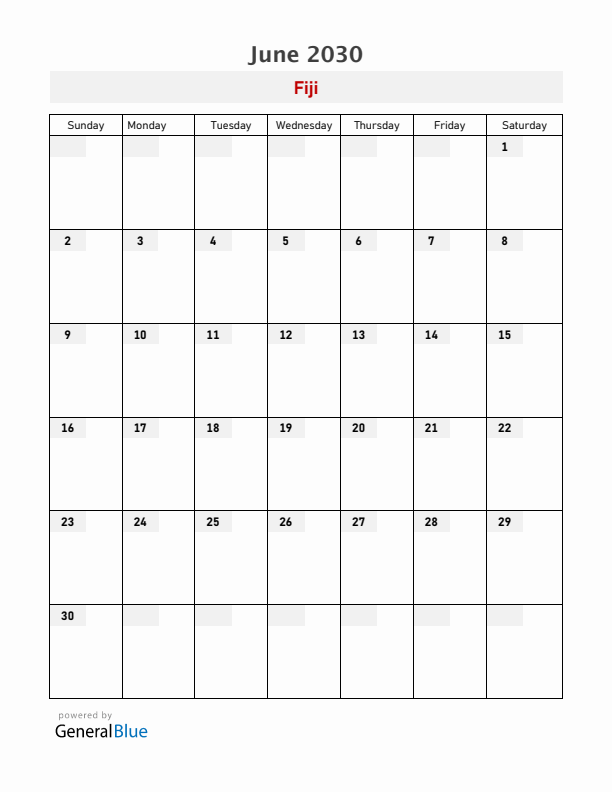 Fiji June 2030 Calendar with Holidays