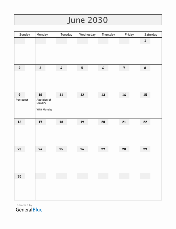 French Guiana June 2030 Calendar with Holidays