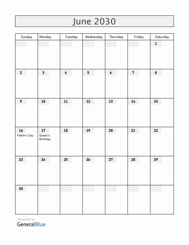 Gibraltar June 2030 Calendar with Holidays