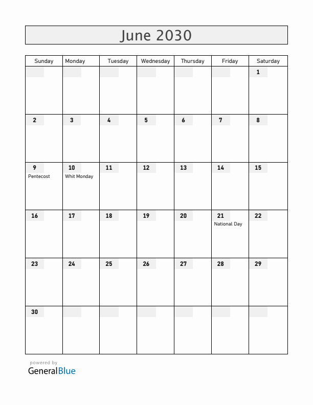 Greenland June 2030 Calendar with Holidays