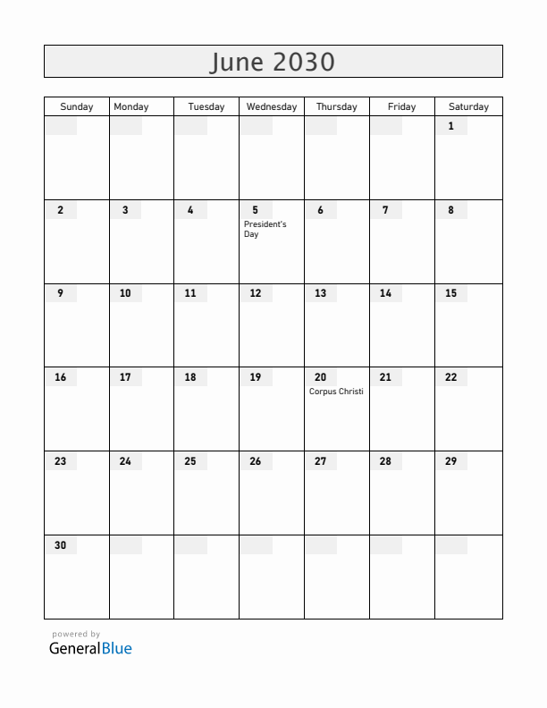 Equatorial Guinea June 2030 Calendar with Holidays