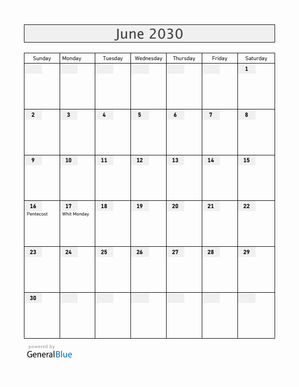 Greece June 2030 Calendar with Holidays