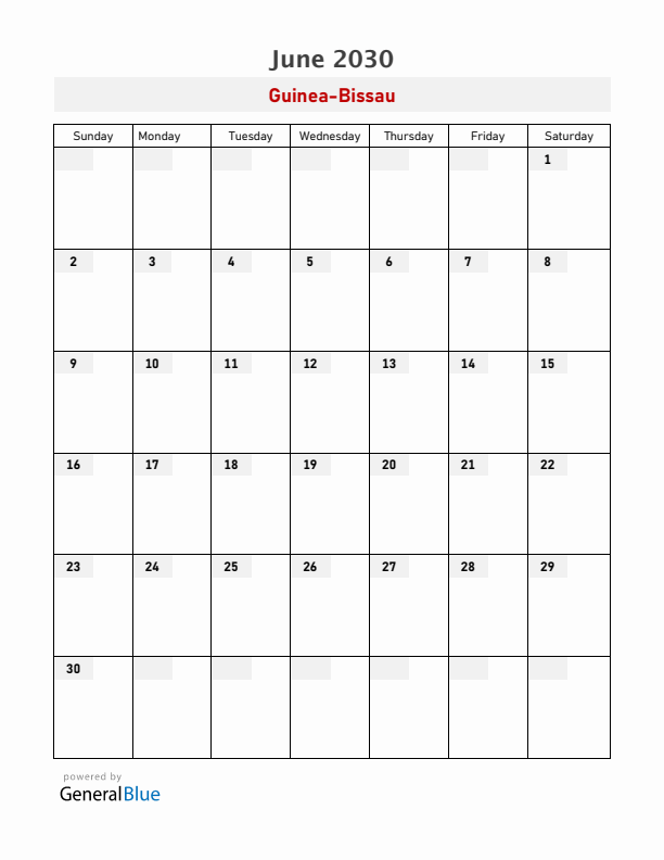 Guinea-Bissau June 2030 Calendar with Holidays