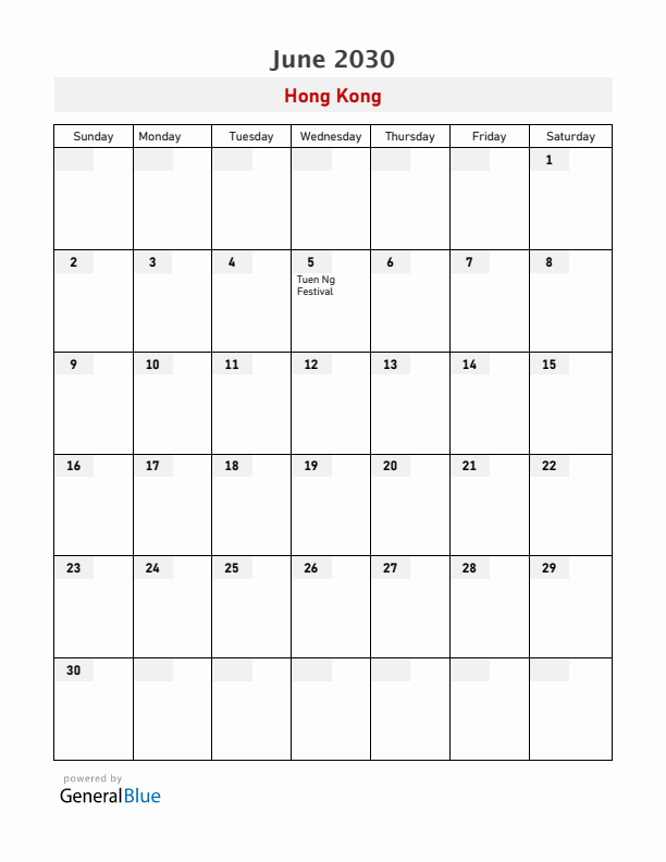 Hong Kong June 2030 Calendar with Holidays