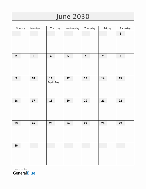 Honduras June 2030 Calendar with Holidays