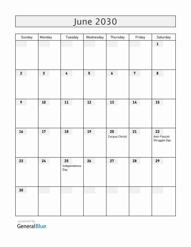 Croatia June 2030 Calendar with Holidays