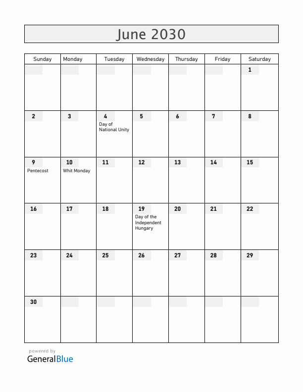 Hungary June 2030 Calendar with Holidays