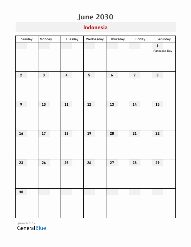 Indonesia June 2030 Calendar with Holidays
