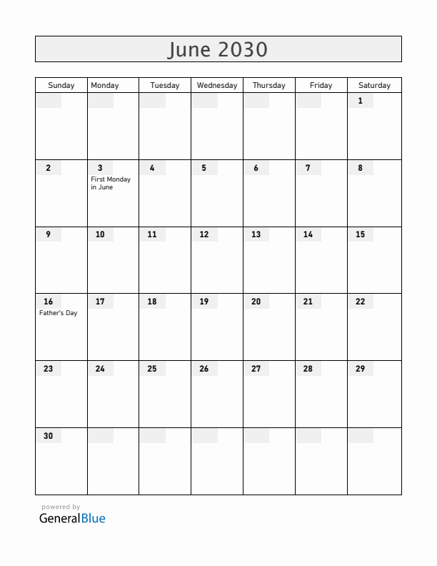 Ireland June 2030 Calendar with Holidays