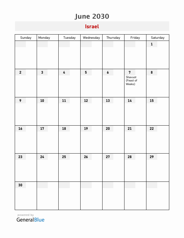 Israel June 2030 Calendar with Holidays