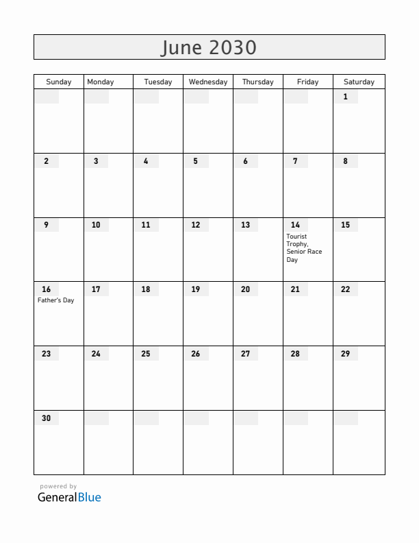 Isle of Man June 2030 Calendar with Holidays