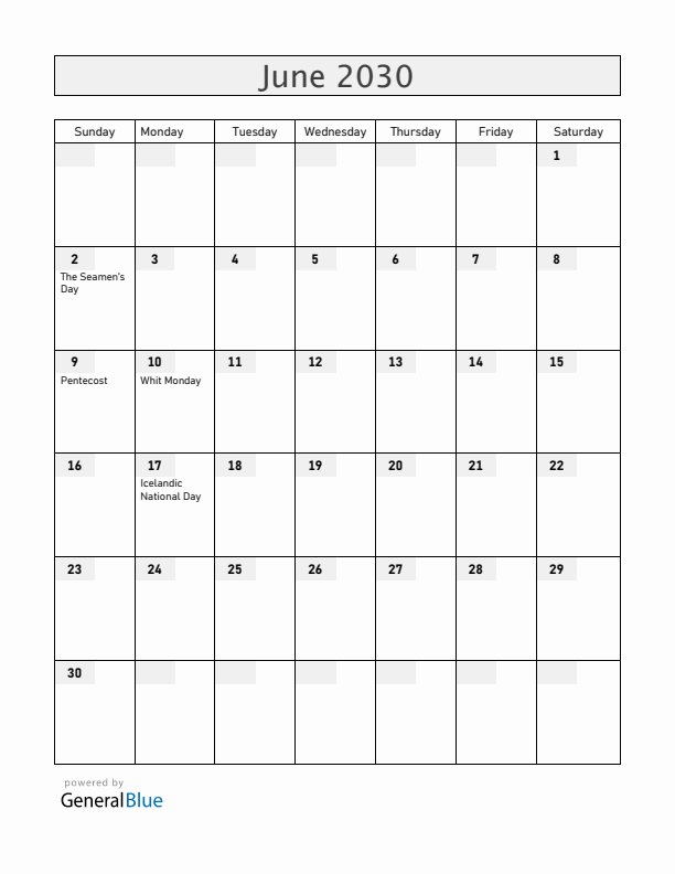 Iceland June 2030 Calendar with Holidays
