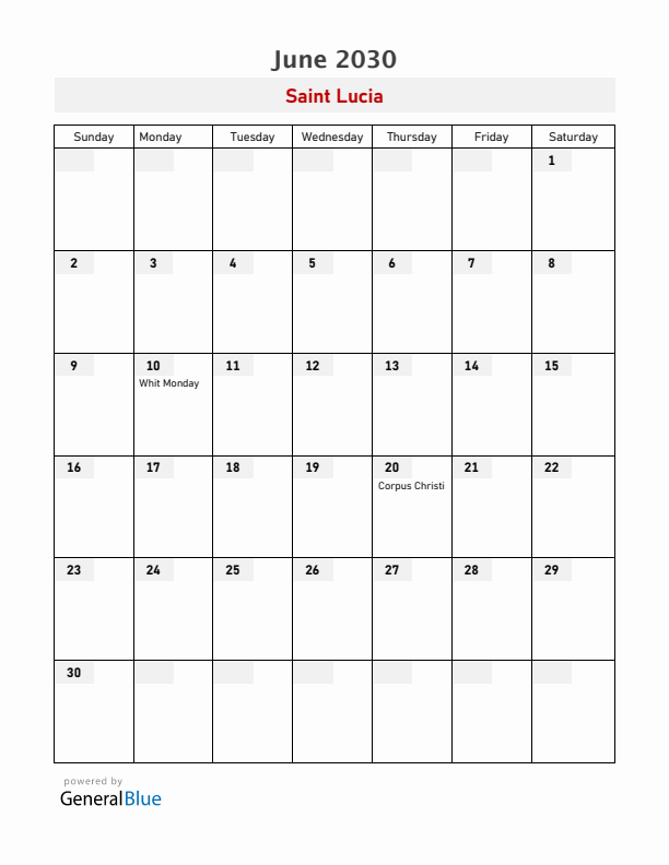 Saint Lucia June 2030 Calendar with Holidays