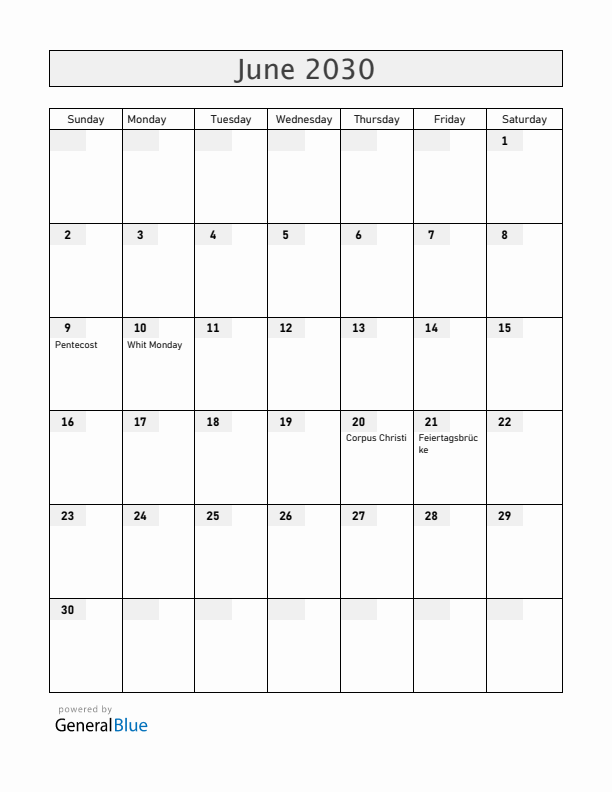 Liechtenstein June 2030 Calendar with Holidays