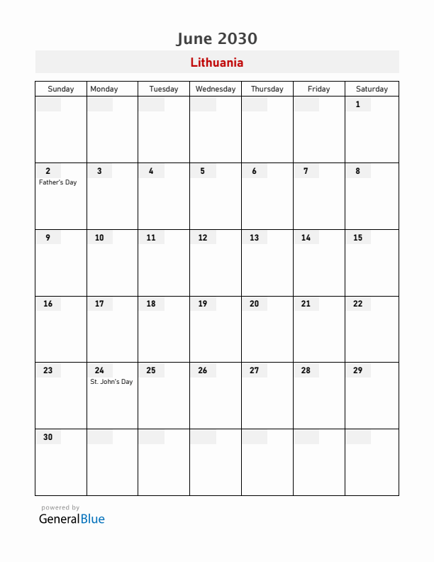 Lithuania June 2030 Calendar with Holidays
