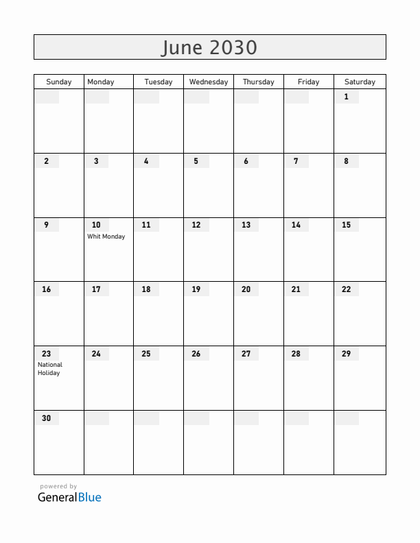 Luxembourg June 2030 Calendar with Holidays