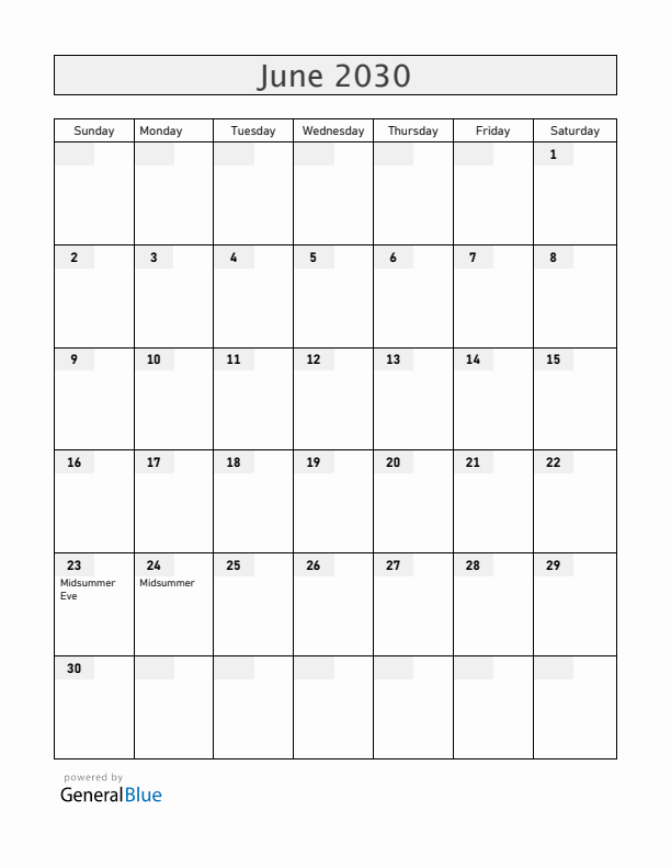 Latvia June 2030 Calendar with Holidays