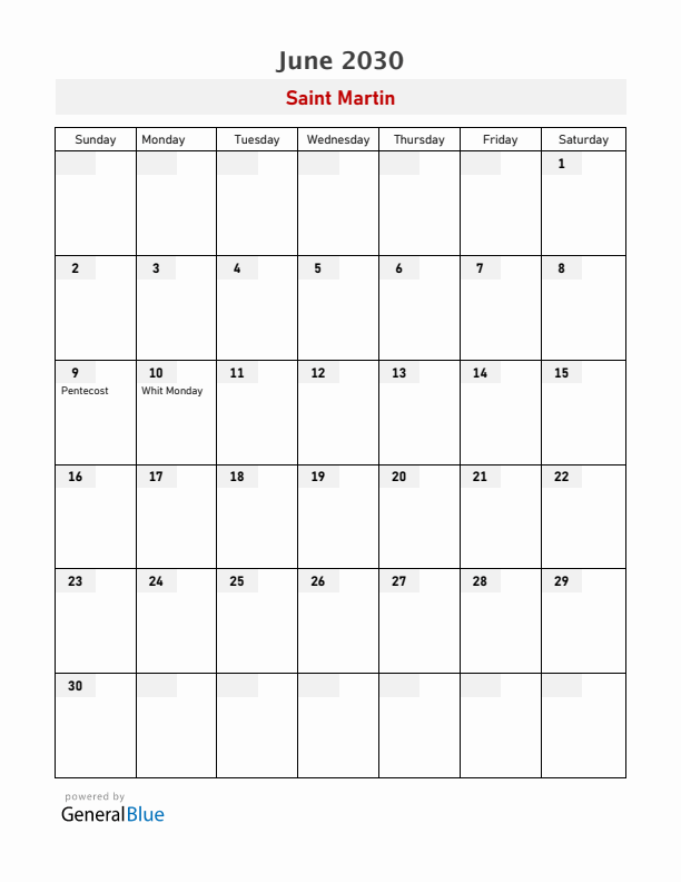 Saint Martin June 2030 Calendar with Holidays