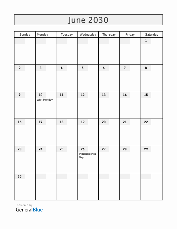 Madagascar June 2030 Calendar with Holidays