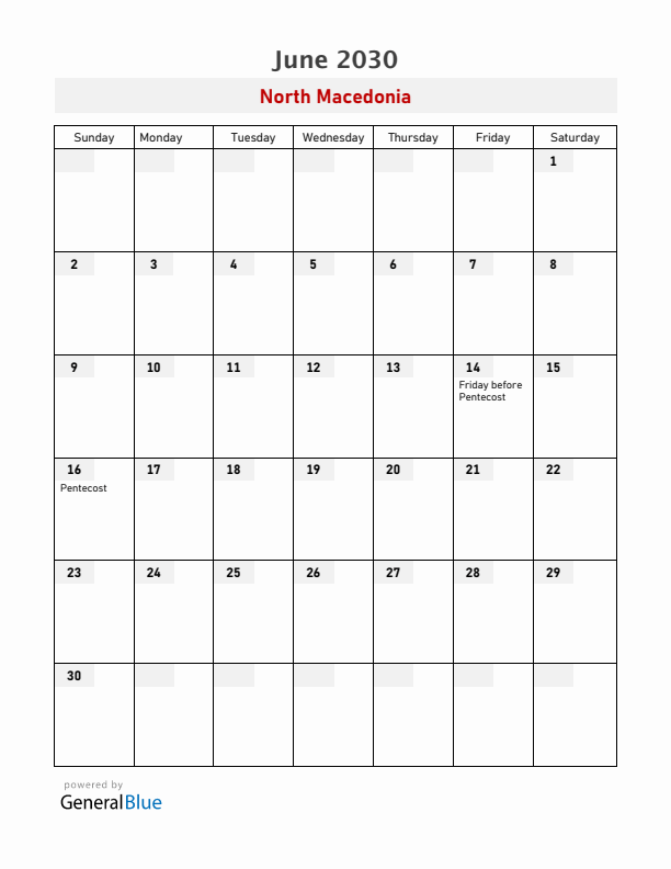 North Macedonia June 2030 Calendar with Holidays