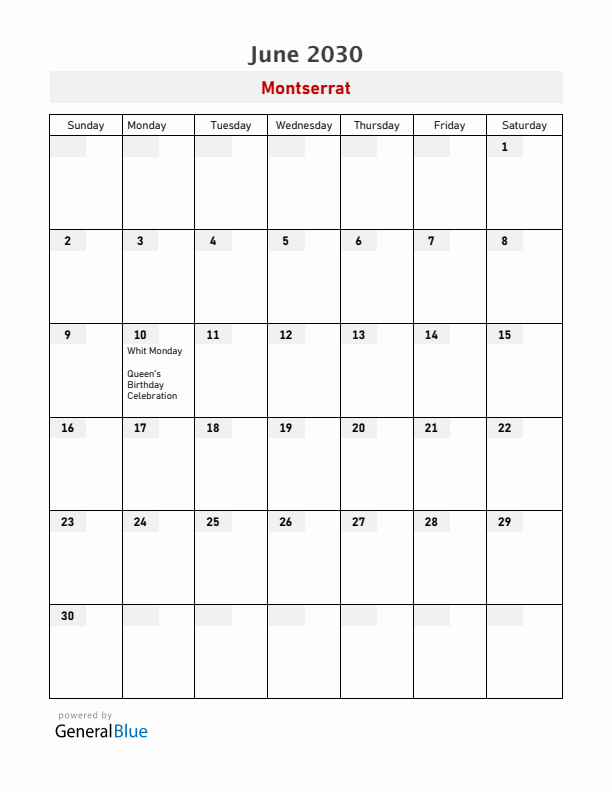 Montserrat June 2030 Calendar with Holidays