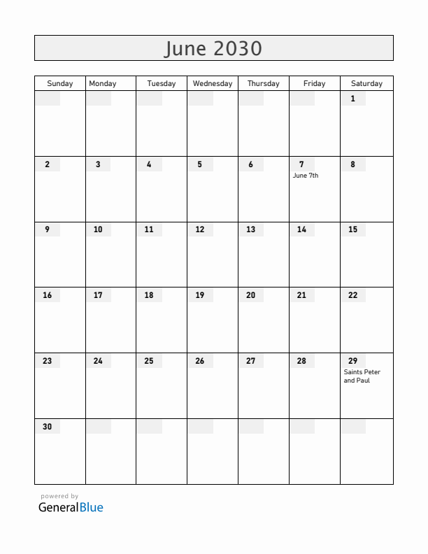 Malta June 2030 Calendar with Holidays