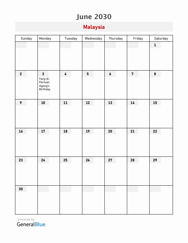 Malaysia June 2030 Calendar with Holidays