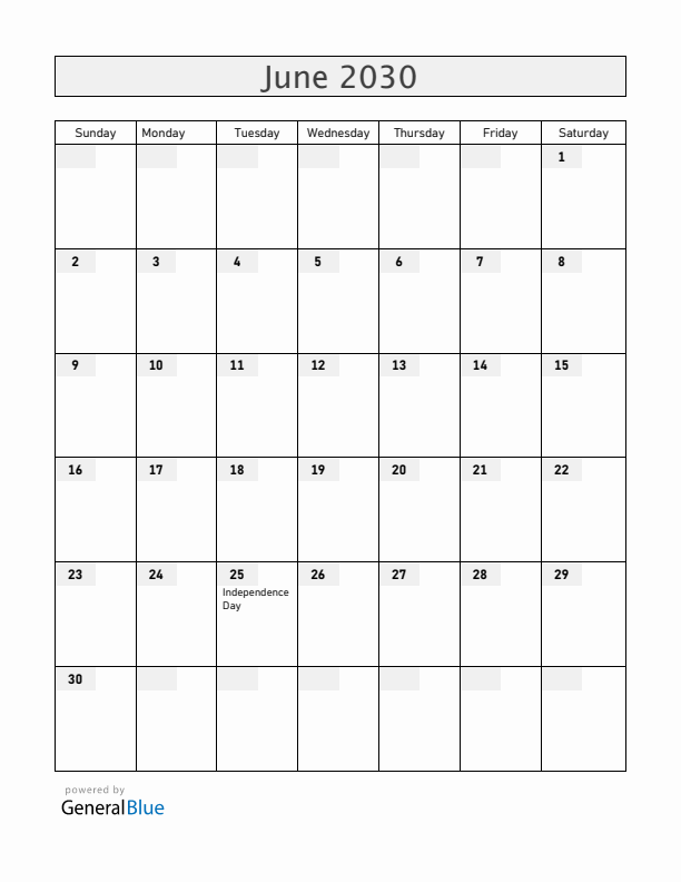 Mozambique June 2030 Calendar with Holidays
