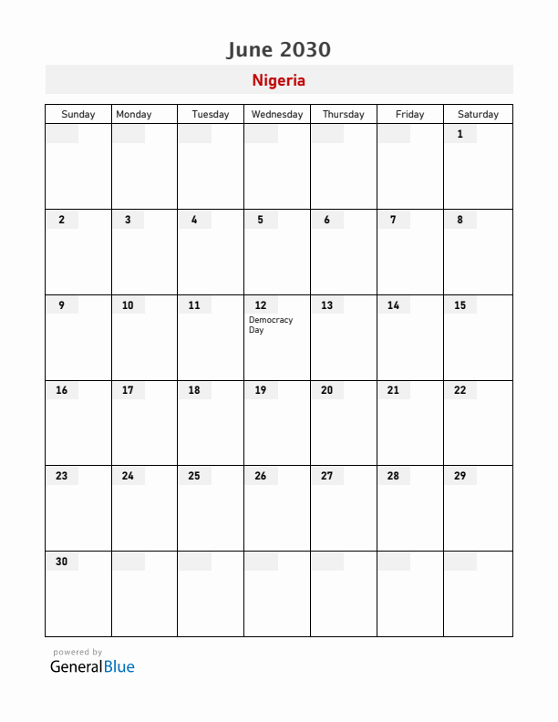 Nigeria June 2030 Calendar with Holidays