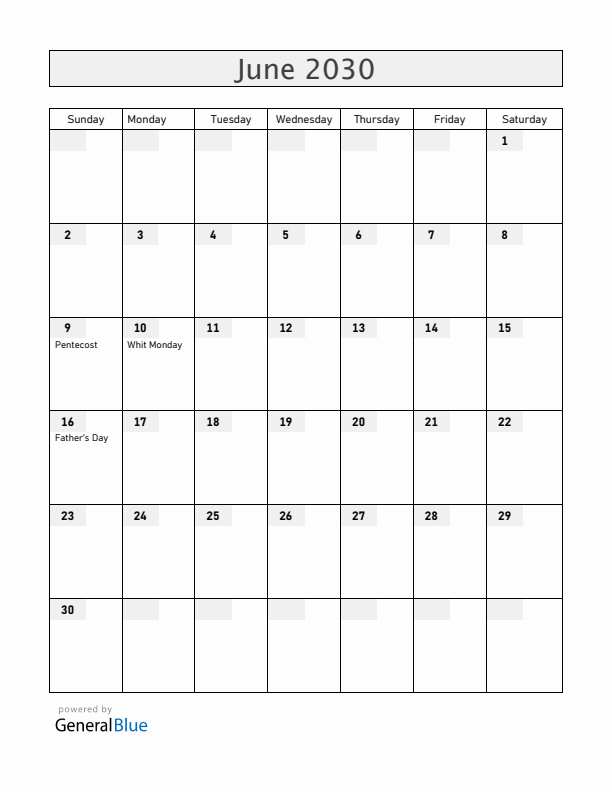 The Netherlands June 2030 Calendar with Holidays