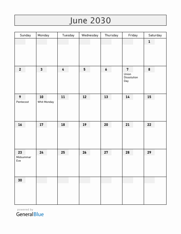Norway June 2030 Calendar with Holidays