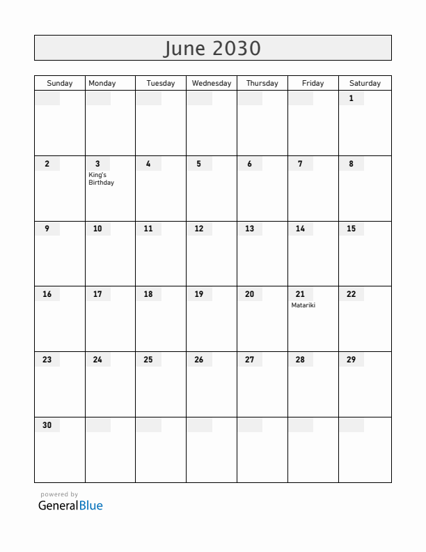 New Zealand June 2030 Calendar with Holidays