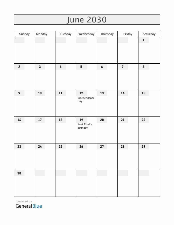 Philippines June 2030 Calendar with Holidays