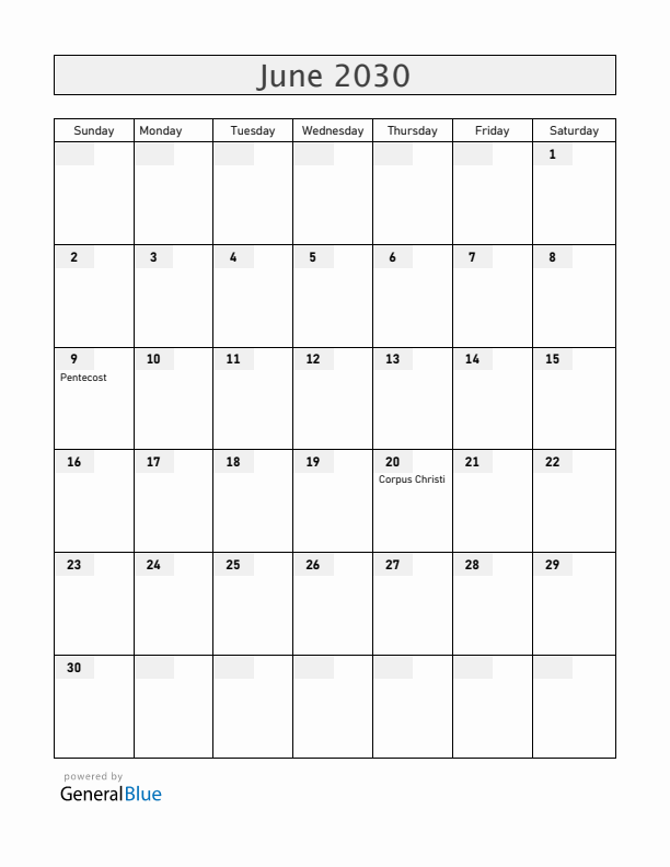 Poland June 2030 Calendar with Holidays