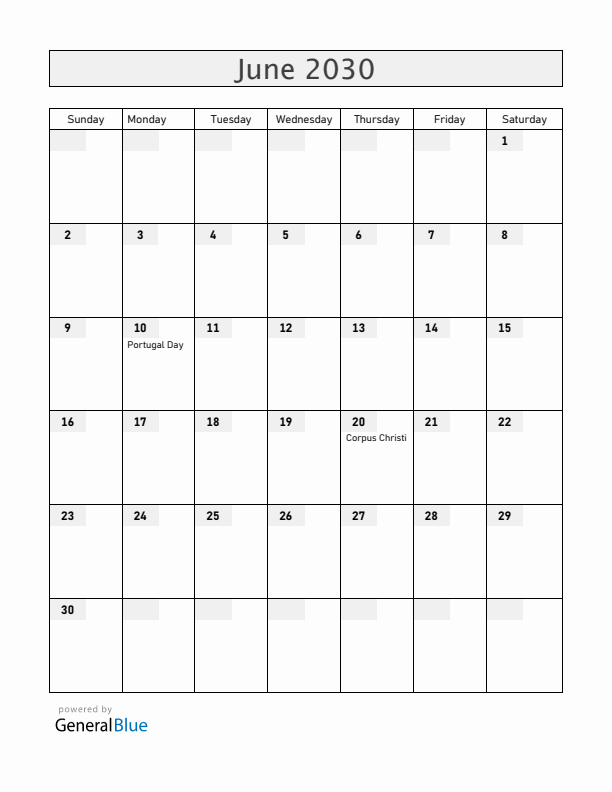 Portugal June 2030 Calendar with Holidays