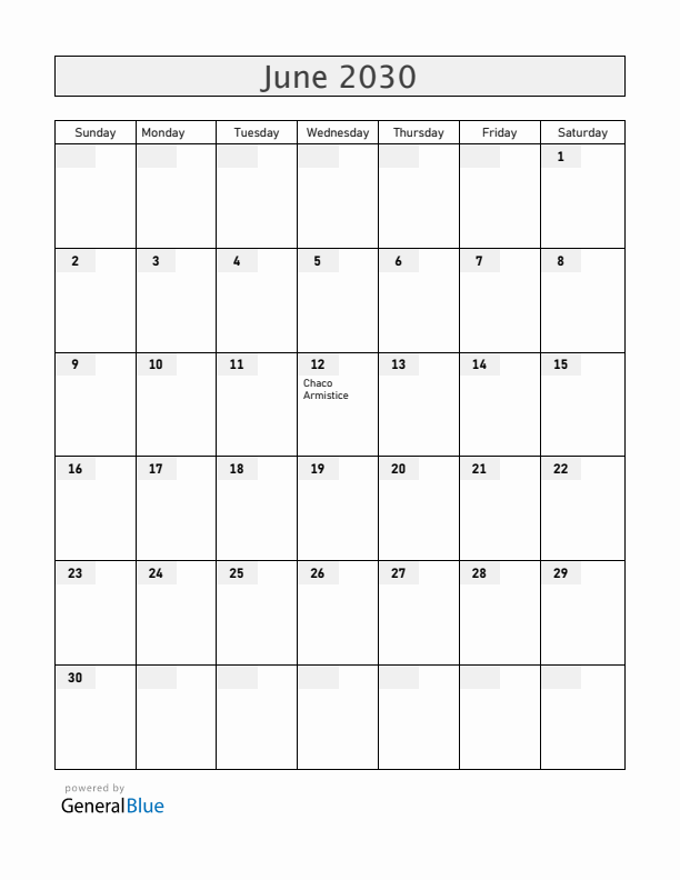 Paraguay June 2030 Calendar with Holidays
